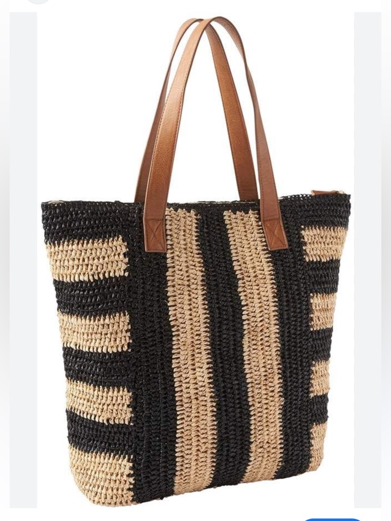 Athleta Woven Straw Tote Beach Vacation Bag With Black Stripes And Brown Handles